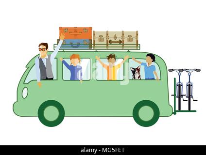 Family in the camping bus illustration Stock Vector