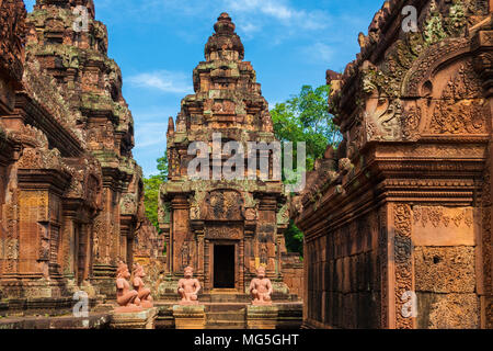 Nice view of the east-facing facade of the north sanctuary tower of Cambodia's Banteay Srei (Citadel of the Women) temple. Stock Photo