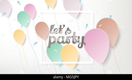 Colorful pastel balloons with confetti and white rectangle frame on light grey background, paper art/paper cutting style Stock Vector