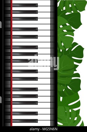 Piano keyboard with monstera leaves frame Stock Vector