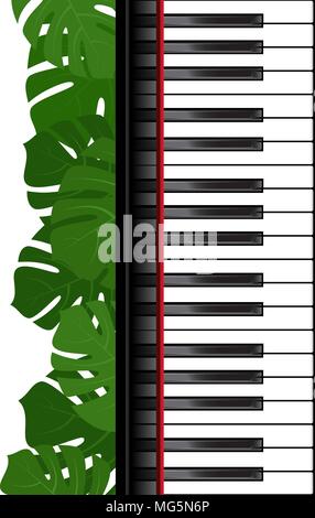 Piano keyboard with monstera leaves frame Stock Vector