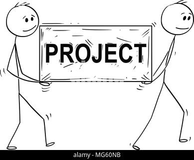Cartoon of Two Man or Businessmen Carrying Big Stone Block With Project Text or Sign Stock Vector