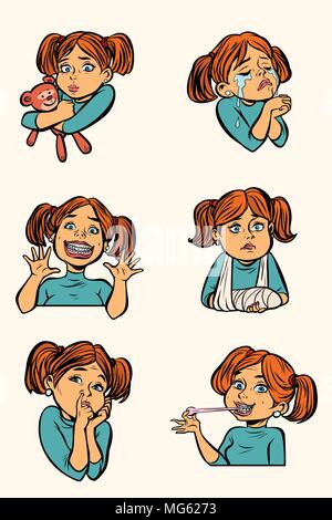 set collection little girl in different situations. Comic cartoon pop art retro vector vintage illustration Stock Vector