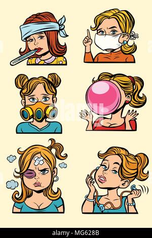 set collection woman medicine and health. Comic cartoon pop art retro vector vintage illustration Stock Vector