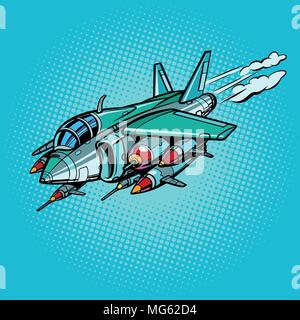 military assault aircraft with bombs and missiles. Comic cartoon pop art retro illustration vector kitsch drawing Stock Vector