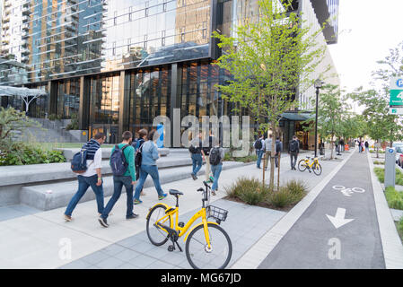 The Amazon Company world headquarters Spheres terrarium green houses located in downtown Seattle on a spring afternoon Circa April 2018 employees. Stock Photo