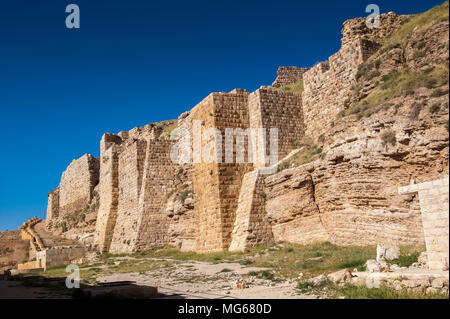 Walls of the Kerak Castle, a large crusader castle in Kerak (Al Karak) in Jordan. Stock Photo
