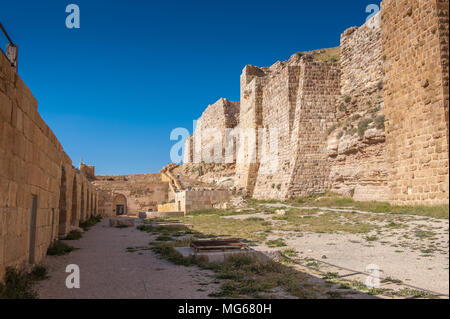Walls of the Kerak Castle, a large crusader castle in Kerak (Al Karak) in Jordan. Stock Photo