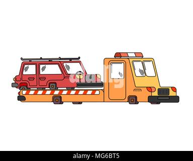 Tow truck and car. Wrecker Evacuates auto. Help on road. Vector illustration Stock Vector