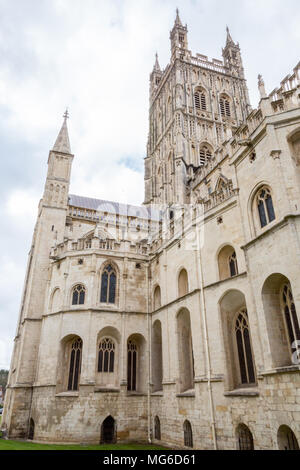 Gloucester, United Kingdom - March 28, 2015: On an overcast day in the spring sits Gloucester Cathedral in the West Country, in England. Stock Photo