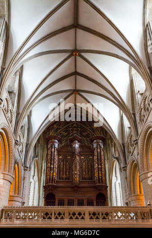 Gloucester, United Kingdom - March 28, 2015: The ornate design of the ceiling of Gloucester Cathedral in England's West Country. Stock Photo