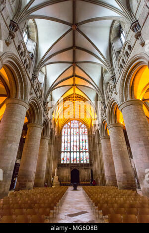 Gloucester, United Kingdom - March 28, 2015: The ornate design of the ceiling of Gloucester Cathedral in England's West Country. Stock Photo