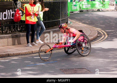 Mel Nicholls competing for Great Britain, in the 2018 London Marathon Elite Wheelchair race. Mel went on to finished 14th in  a time of 01.58.24.. Stock Photo