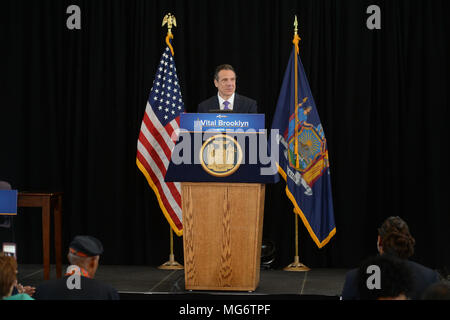 New York, USA. 26th April 2018. Governor Andrew Cuomo announces the Vital Brooklyn initiative which seeks to bring affordable housing and healthcare to central Brooklyn on April 26, 2018 in New York. Credit: Erik Pendzich/Alamy Live News Stock Photo