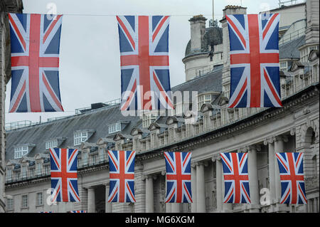 London, UK. 27 April 2018.  Union flags decorate Regent Street ahead of the Royal wedding of Prince Harry and Meghan Markle taking place on 19 May 2018.   Credit: Stephen Chung / Alamy Live News Stock Photo