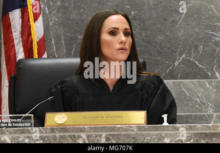 North Miami Beach, Florida, USA. 22nd Mar, 2018. Circuit Judge Elizabeth Scherer calls a delay in a hearing for Florida school shooting suspect Nikolas Cruz Friday afternoon, April 27, 2018, in Fort Lauderdale, Fl. in order to find a court reporter. Taimy Alvarez, Sun-Sentinel/POOL Credit: Sun-Sentinel/ZUMA Wire/Alamy Live News Stock Photo
