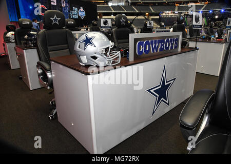 April 27, 2018: The Dallas Cowboys helmet sits on the team desk during April 27, 2018: The Dallas Cowboys helmet sits on the team desk during