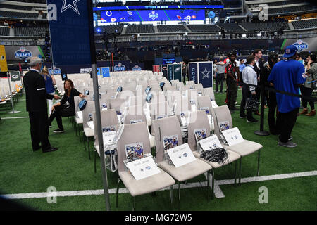 April 27, 2018: A Dallas Cowboys fan shows off 5 replica Super Bowl rings  for each of the Cowboys championship victories during the second round of  the 2018 NFL Draft at AT&T