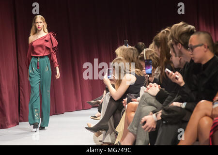 Budapest, Hungary. 27th Apr, 2018. A model presents a creation of Hungarian brand Maison Marquise designed by Bori Toth during the Budapest Central European Fashion Week in Budapest, Hungary, on April 27, 2018. Credit: Attila Volgyi/Xinhua/Alamy Live News Stock Photo