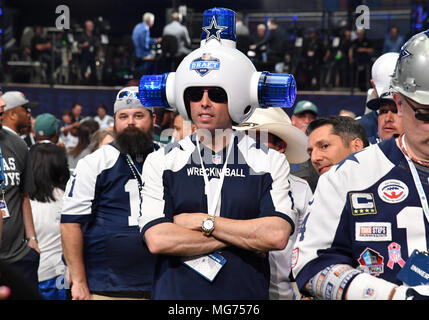 April 27, 2018: A Dallas Cowboys fan shows off 5 replica Super Bowl rings  for each of the Cowboys championship victories during the second round of  the 2018 NFL Draft at AT&T