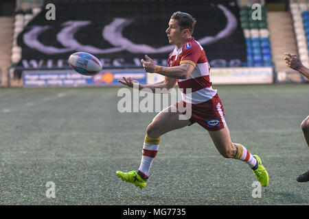 Widnes, UK, 27th April 2018.  Select Security Stadium, Widnes, England; Betfred Super League rugby, Widnes Vikings v Wigan Warriors; Morgan Escare of Wigan Warriors Credit: News Images /Alamy Live News Stock Photo