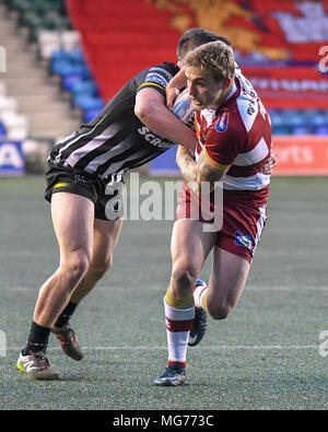 Widnes, UK, 27th April 2018.  Select Security Stadium, Widnes, England; Betfred Super League rugby, Widnes Vikings v Wigan Warriors; Sam Powell of Wigan Warriors Credit: News Images /Alamy Live News Stock Photo