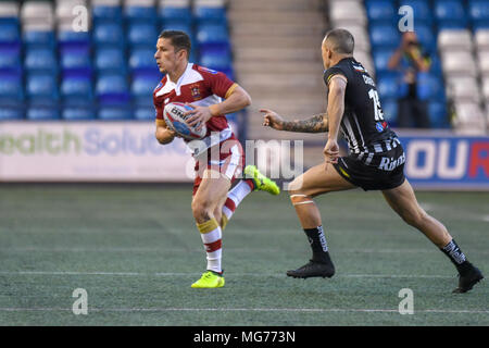 Widnes, UK, 27th April 2018.  Select Security Stadium, Widnes, England; Betfred Super League rugby, Widnes Vikings v Wigan Warriors; Morgan Escare of Wigan Warriors Credit: News Images /Alamy Live News Stock Photo