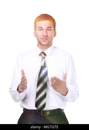 Portrait of a handsome businessman gesturing isolated on white. Stock Photo