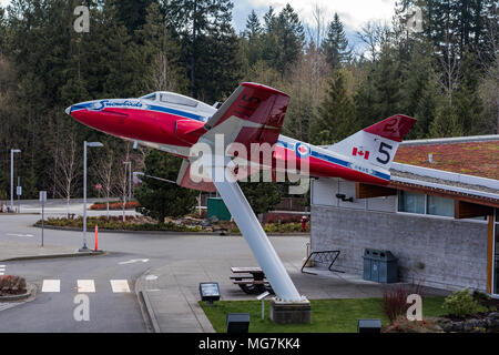 Canadian Forces Snowbird aerobatic aircraft, Canadair CT-114 Tutor, at Comox Valley Visitor Cenre, Courtenay, British Columbia, Canada. Stock Photo