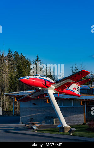 Canadian Forces Snowbird aerobatic aircraft, Canadair CT-114 Tutor, Comox Valley Visitor Cenre, Courtenay, British Columbia, Canada. Stock Photo