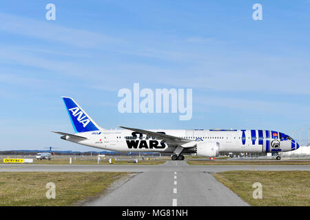 ANA, B787, B 787, Boeing, Dreamliner, Special Edition,  Star Wars, Stop, Sign, Marc, Aircraft, Airplane, Plane, Airport Munich, MUC, Germany, Stock Photo