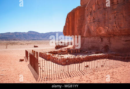 Hathor's Temple aka the Miner's Temple at the back of Solomon's Pillars overlooks the Timna Valley in Israel Stock Photo