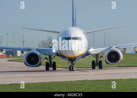 MANCHESTER, UNITED KINGDOM - APRIL 21st, 2018: Ryanair Boeing 737 taxiing to runway at Manchester Airport Stock Photo