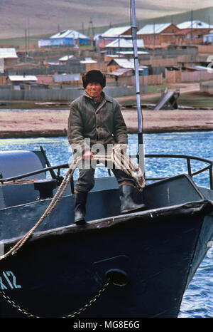 Lake Baikal, Pribaikalsky National park. Fisherman at village of Tutai. Of Buryat descent. Stock Photo