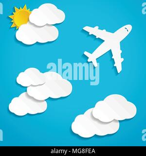 Paper flying plane in clouds. Blue sky background. Vector illustration. Stock Vector