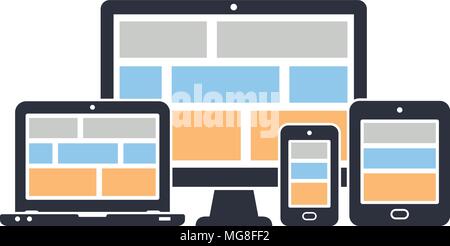 Responsive design for web- computer screen, laptop, smartphone, tablet icons set. Vector illustration. Stock Vector