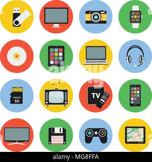 Set of technology and multimedia devices flat icons. Vector illustration. Stock Vector