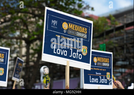 Copacabana beach, Rio de Janeiro - July 31, 2016: Opponents of the Brazilian government take part in a protest against corruption in Brazil Stock Photo