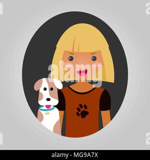 Happy boy or girl with their puppy. Dog lover character. Joyful kid with a pet dog. Vector illustration of unisex person for web site or application.  Stock Vector