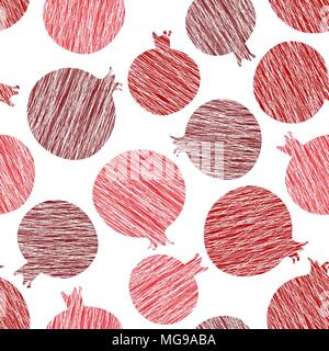 Pomegranate vector pattern. Summer harvest background. Seamless image with scratched pomegranates. Endless fruit texture. Repeating harvest backdrop.  Stock Vector