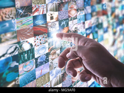 Montage of science and technology images with finger pressing monitor. Stock Photo