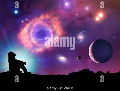 This is a conceptual illustration representing space and astronomy in general. It shows the various objects that can be found in the Universe: planets, moons, stars, nebulae and galaxies. The centrepiece is a planetary nebula, the cast-off remains of a dying star. A woman in silhouette is seen looking up into space. Stock Photo