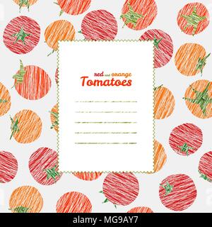 Text frame. Repeating backdrop with scratched tomatoes. Summer harvest background. Endless tomato texture. Vegan texture. vegetable template. Can be u Stock Vector