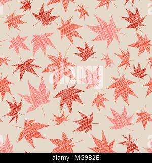 Seamless pattern with scratched maple leaves. Warm colors. Autumn template. Plain endless background with momiji leaves. For wallpaper or printing on  Stock Vector