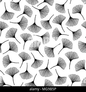 Seamless pattern with ginkgo leaves. Monochrome texture. Black and white illustration. Contrast leaf backdrop. For wallpaper, pattern fills, web page  Stock Vector