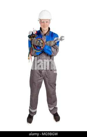 Builder, installer of ventilation with tools in hands Stock Photo