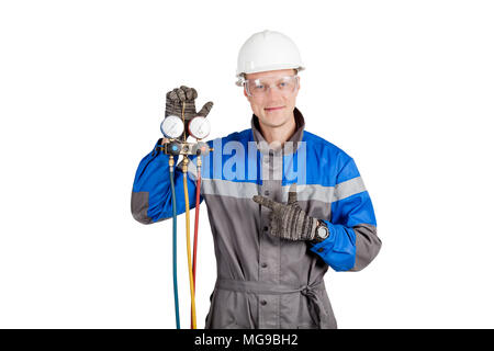 Builder, installer of ventilation with tools in hands Stock Photo