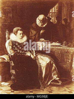 Chief Adviser Cecil encourages a reluctant Elizabeth I to sign the death warrant for Mary, Queen of Scots Stock Photo