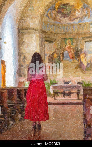 illustration of back of Latin woman woman praying in Catholic church and living the spirituality of the place Stock Photo