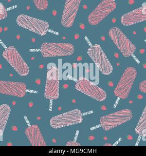 Strawberry Fruit Ice Cream. Seamless pattern. Scratched background. Delicious summer dessert. Strawberry lollipops texture. Natural healthy food. Vege Stock Vector